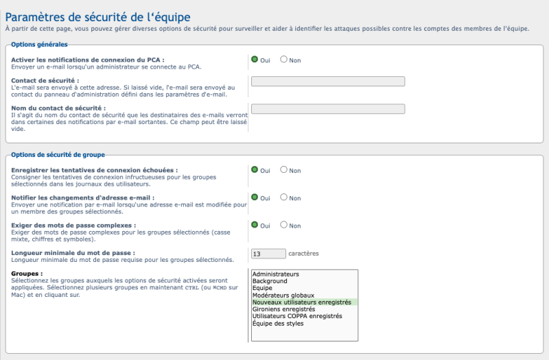 Team Security Paramètres
